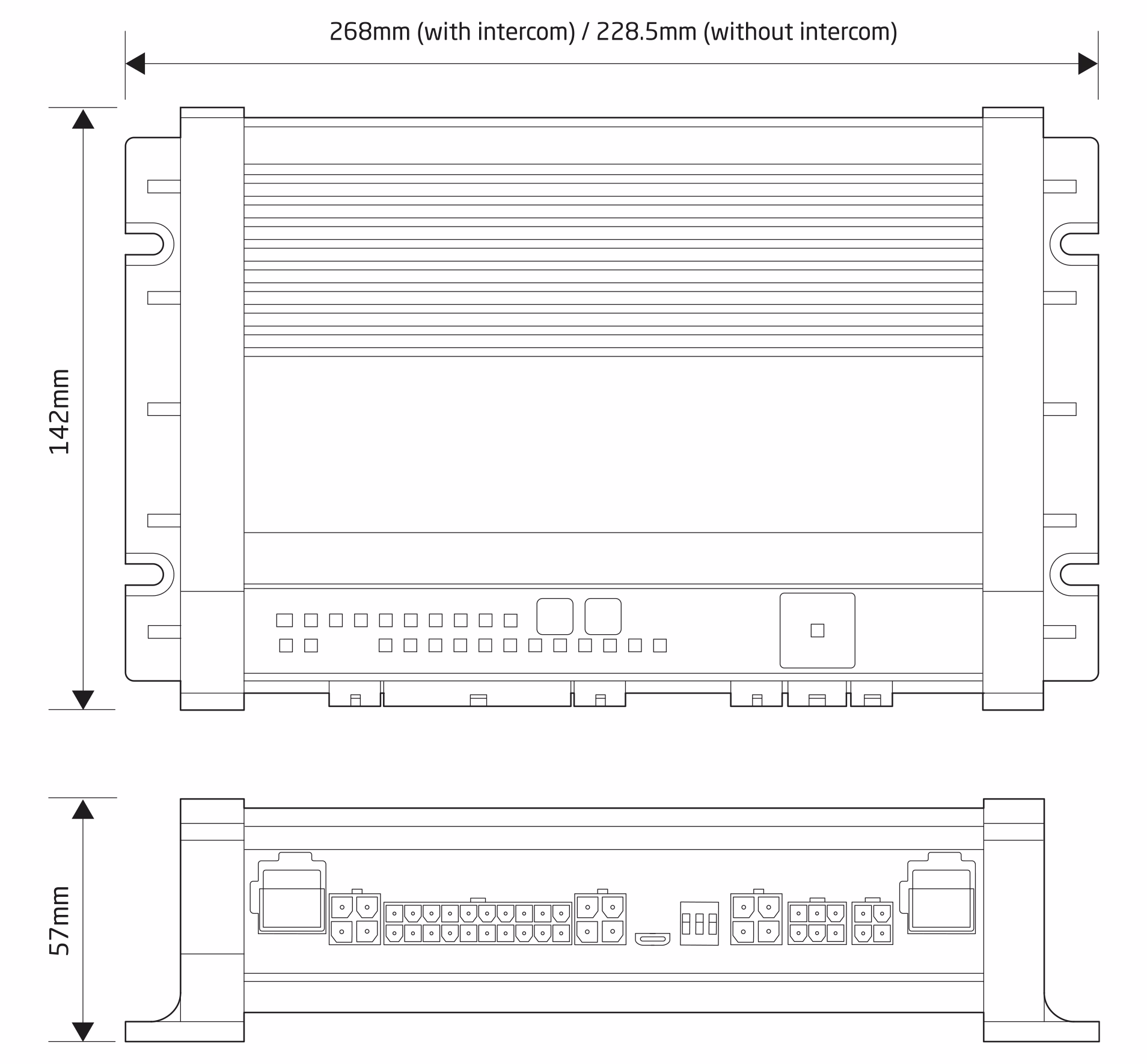 MCS-NXE-20 Dimensions Drawing showing l268mm (or 228.5mm without intercom) x w142mm x h57mm