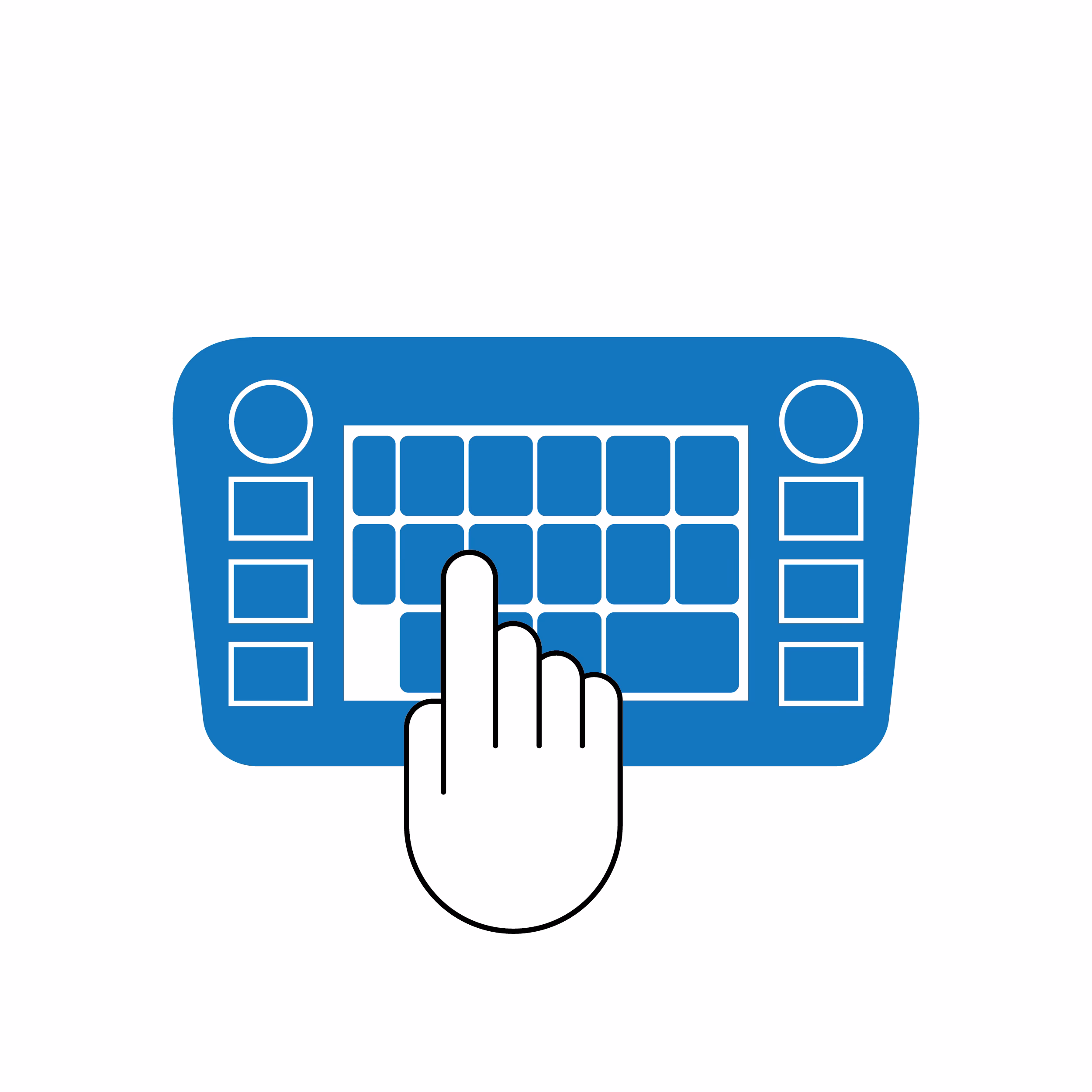 Blue Uniscreen icon shown on generic infotainment screen with white hand with black outline touching the screen.