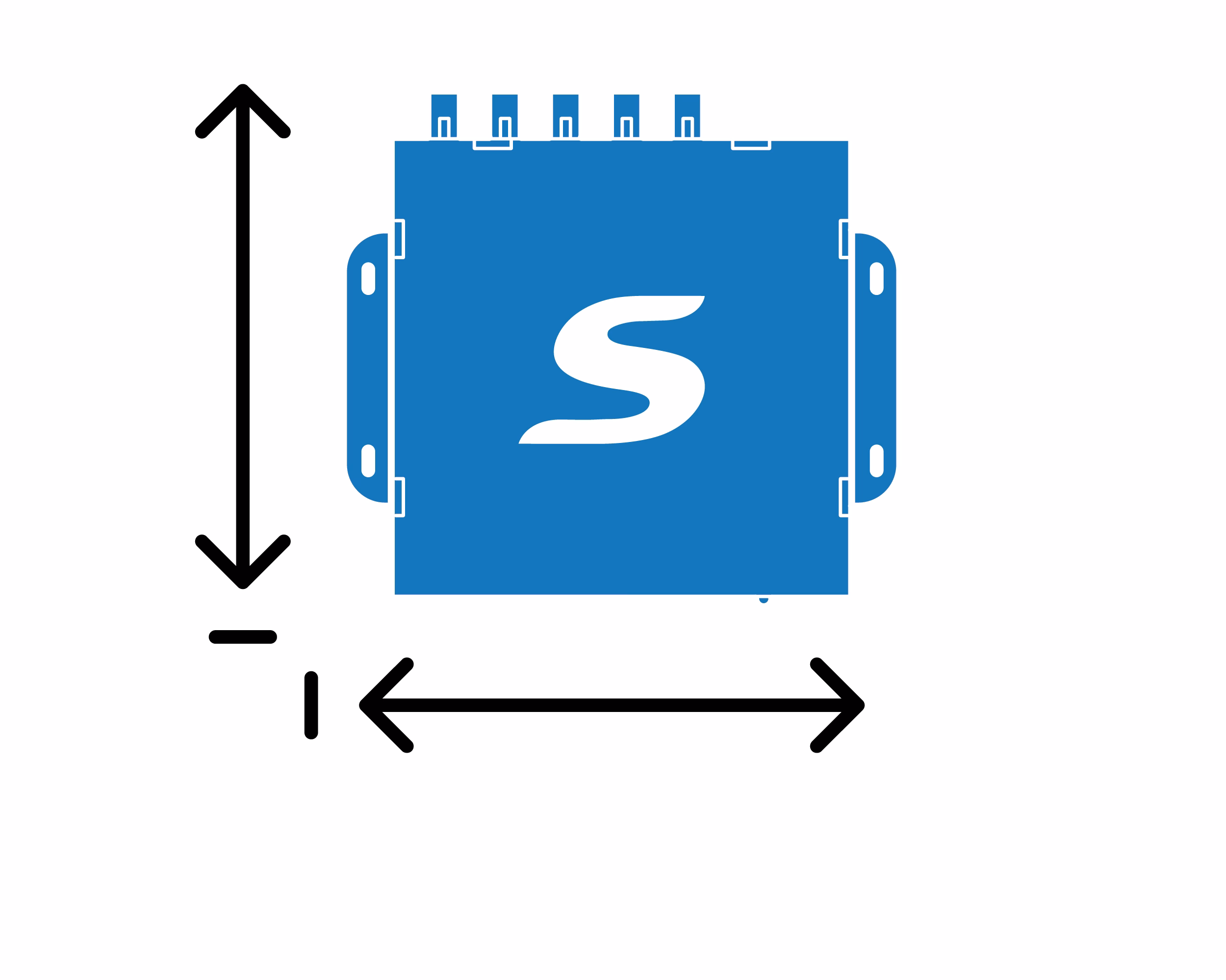 Blue UniBox pictogram with black dimensions lines horizontally and vertically.