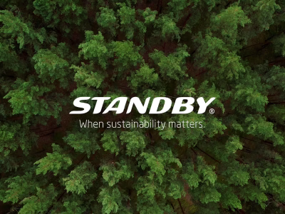 White Standby logo with special 'when sustainability matters' tagline against an aerial shot of a pine tree forest