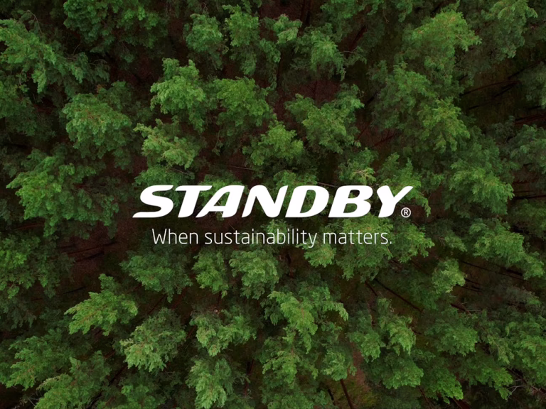 White Standby logo with special 'when sustainability matters' tagline against an aerial shot of a pine tree forest