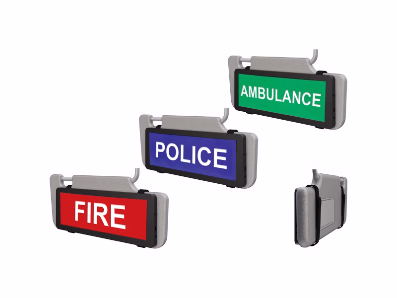 Safe Responder X - Visor LED Sign Ambulance Police Fire Angle View Shown in Situ on Visors Isolated on a White Background