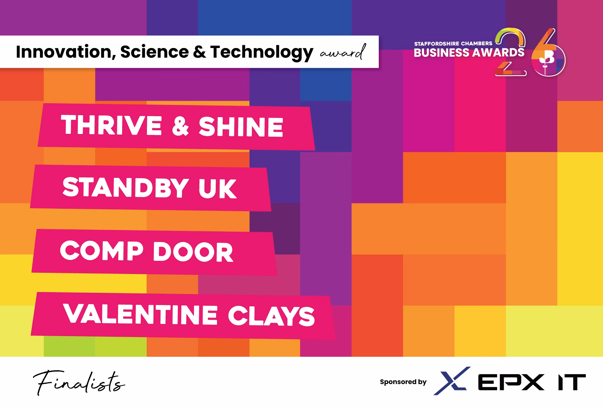 Colourful graphic with Staffordshire Chambers Business Awards 2026 finalists; Thrive & Shine, Standby UK, Comp Door and Valentine Clays