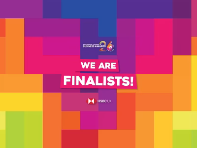 Colourful graphic reads 'We are finalists' Staffordshire Chambers Business Awards 2026