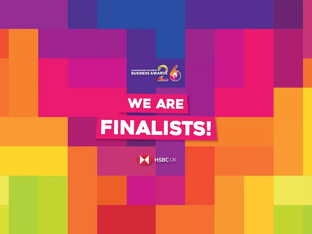 Colourful graphic reads 'We are finalists' Staffordshire Chambers Business Awards 2026