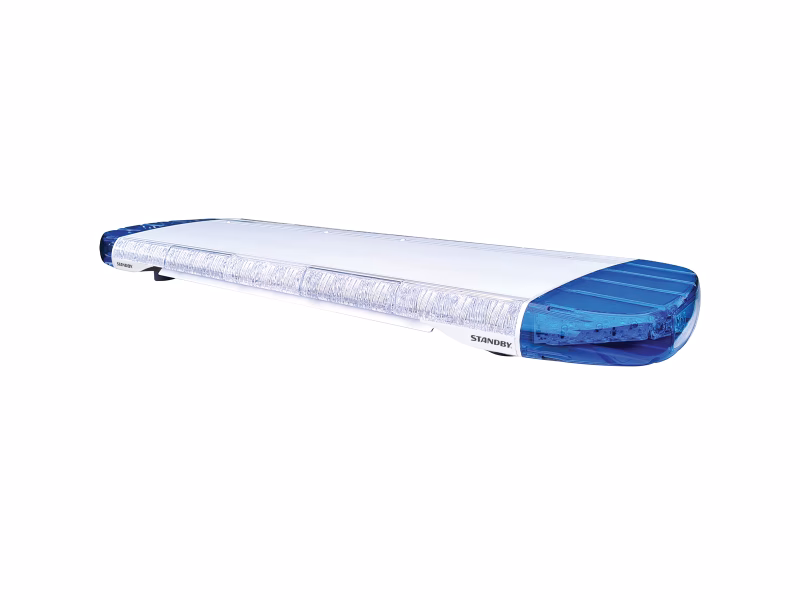 Angle view of the clear lens W3 lightbar with blue lens corners unlit isolated on a white background