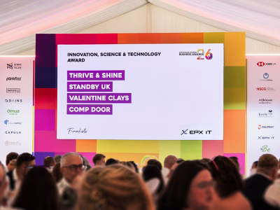 A stage screen at the Staffordshire Chambers Business Awards displaying the finalists for the Innovation, Science & Technology Award, which include Thrive & Shine, Standby UK, Valentine Clays, and Comp Door.