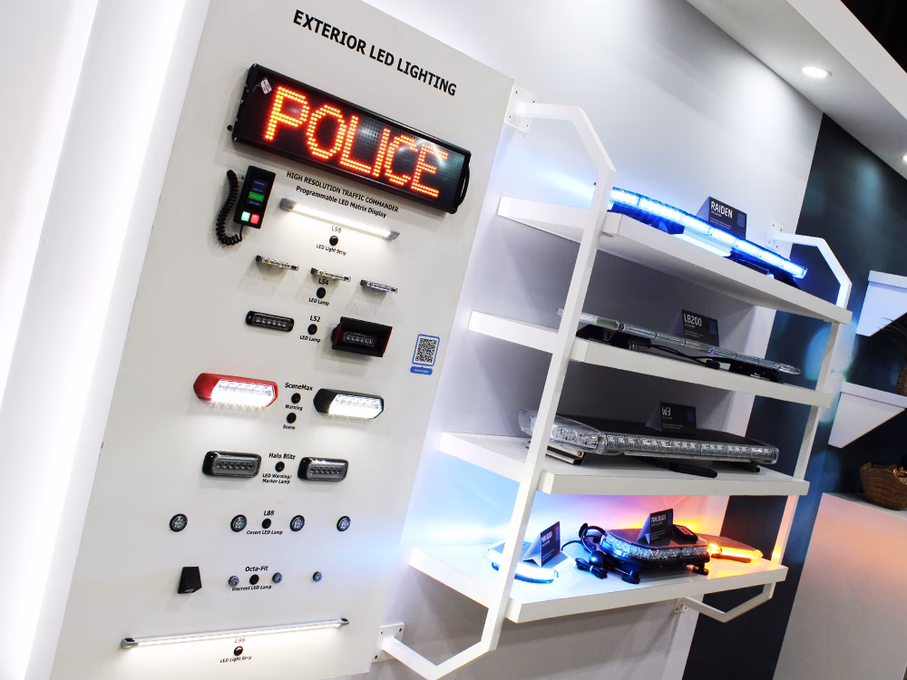 Angled view of the lightbar and exterior LED lighting displays on the Standby stand at NAPFM 2026.