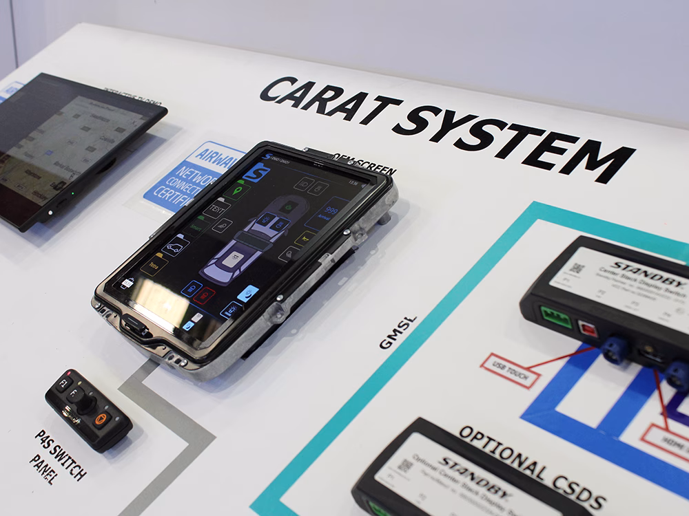 Closely cropped angle view of the CARAT System panel on the Standby stand at NAPFM 2026, centred around an OEM screen with CARAT display in the middle.