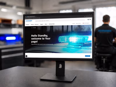 A computer monitor on a desk in a lightbar engineering workshop displaying the 'My page' section of the Standby Group website, with a person sitting in the blurred background.