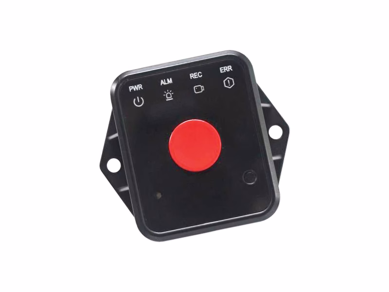 Red LED Panic Button with black housing set at an angle and isolated on a white background.